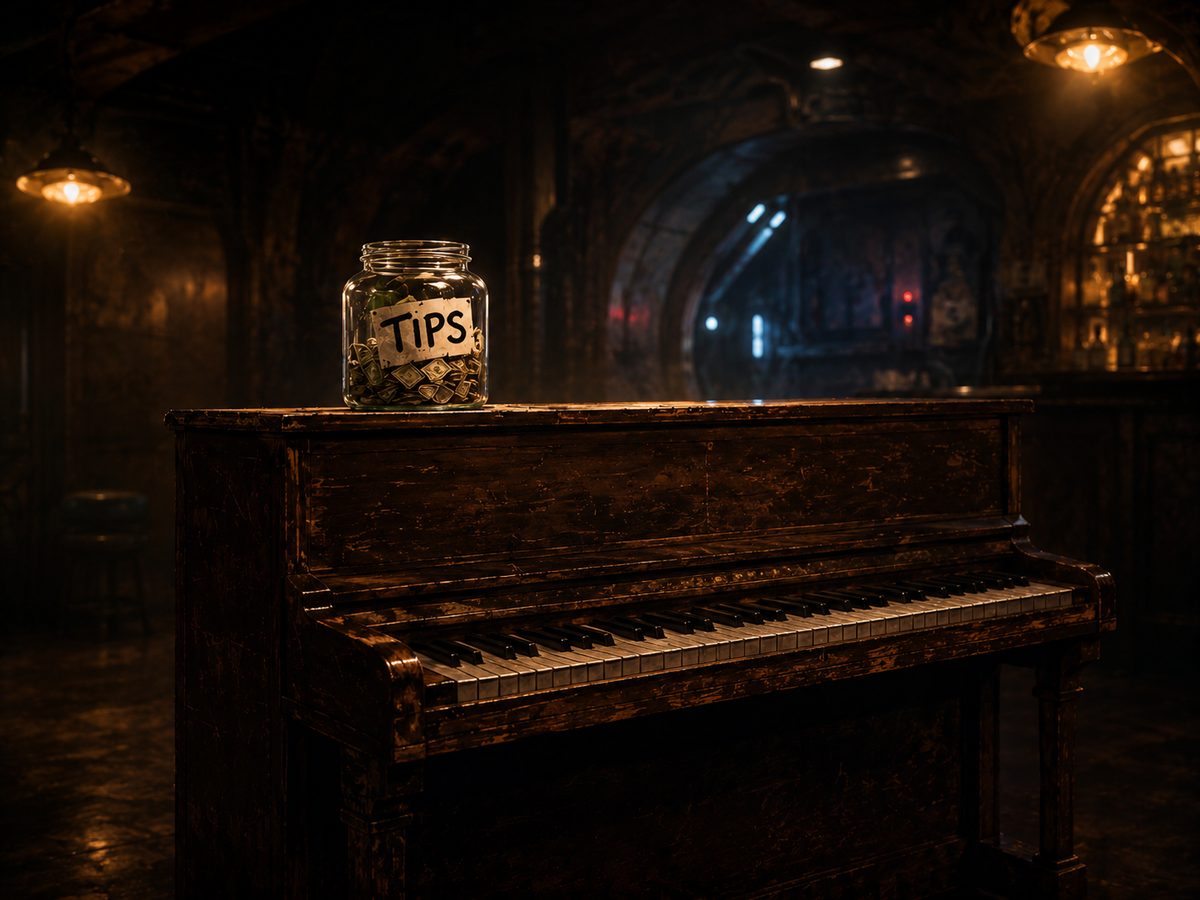 A glass jar labeled TIPS sits atop an upright wooden piano in a dimly lit cantina, warm amber pendant lights overhead